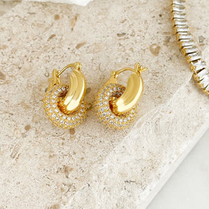 Trendy Double Hoop Earrings Gold, Pave Interlock Hoops, Double Hoops, Gold-Plated Earrings, Pave White Zircon Earrings