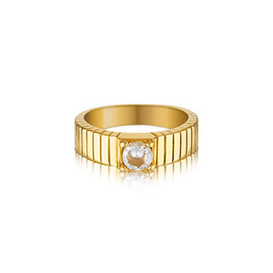 Dome Pavé Ring, 18K PVD Gold Plated, Cubic Zirconia Ring, Ribbed Ring