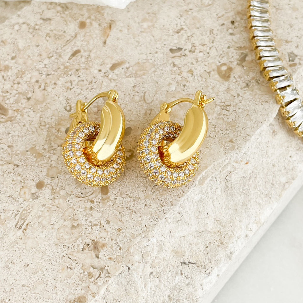 Trendy Double Hoop Earrings Gold, Pave Interlock Hoops, Double Hoops, Gold-Plated Earrings, Pave White Zircon Earrings
