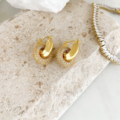 Trendy Double Hoop Earrings Gold, Pave Interlock Hoops, Double Hoops, Gold-Plated Earrings, Pave White Zircon Earrings