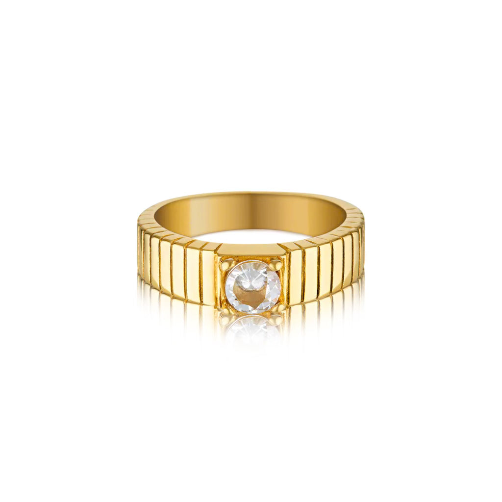 Dome Pavé Ring, 18K PVD Gold Plated, Cubic Zirconia Ring, Ribbed Ring