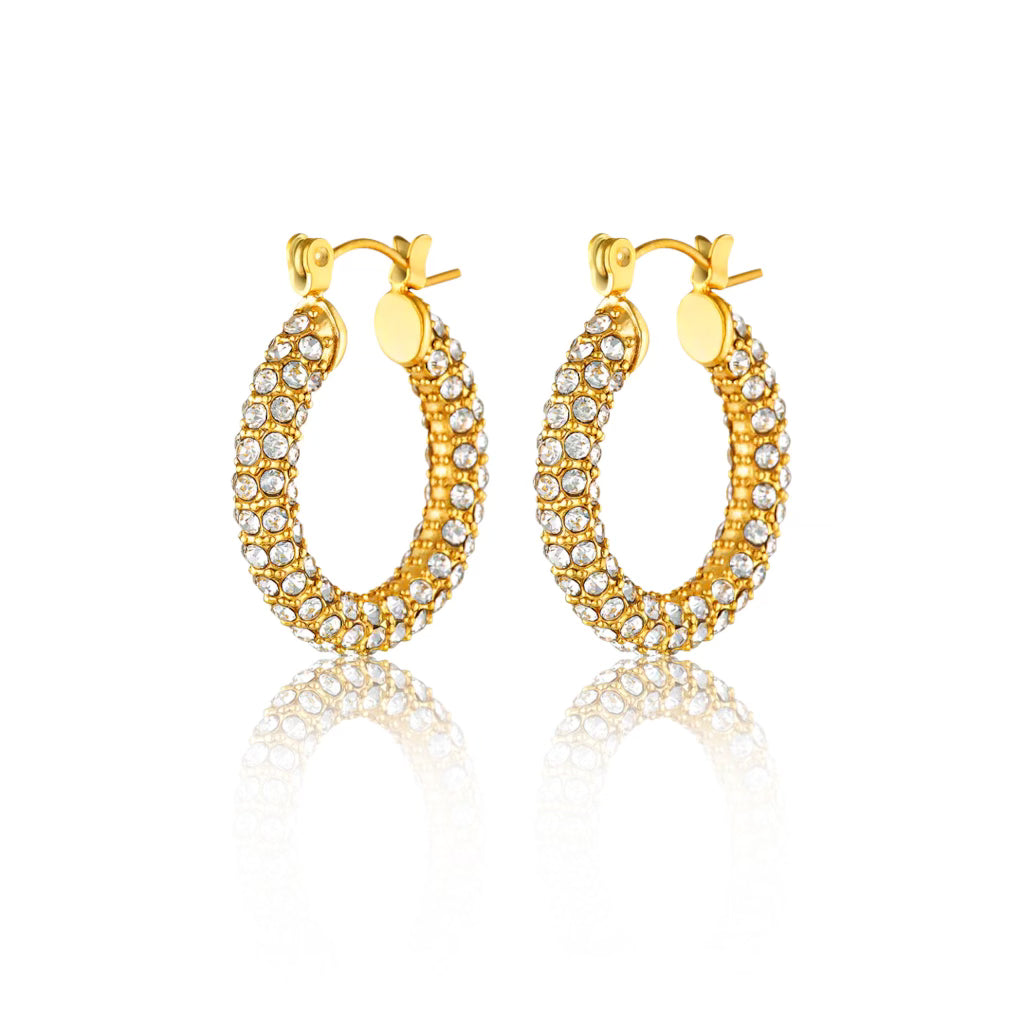 Cubic Zirconia Hoop Earrings, 18K PVD Gold Plated, Gold Hoops Diamond Earrings, Cubic Zirconia Minimalist Earrings