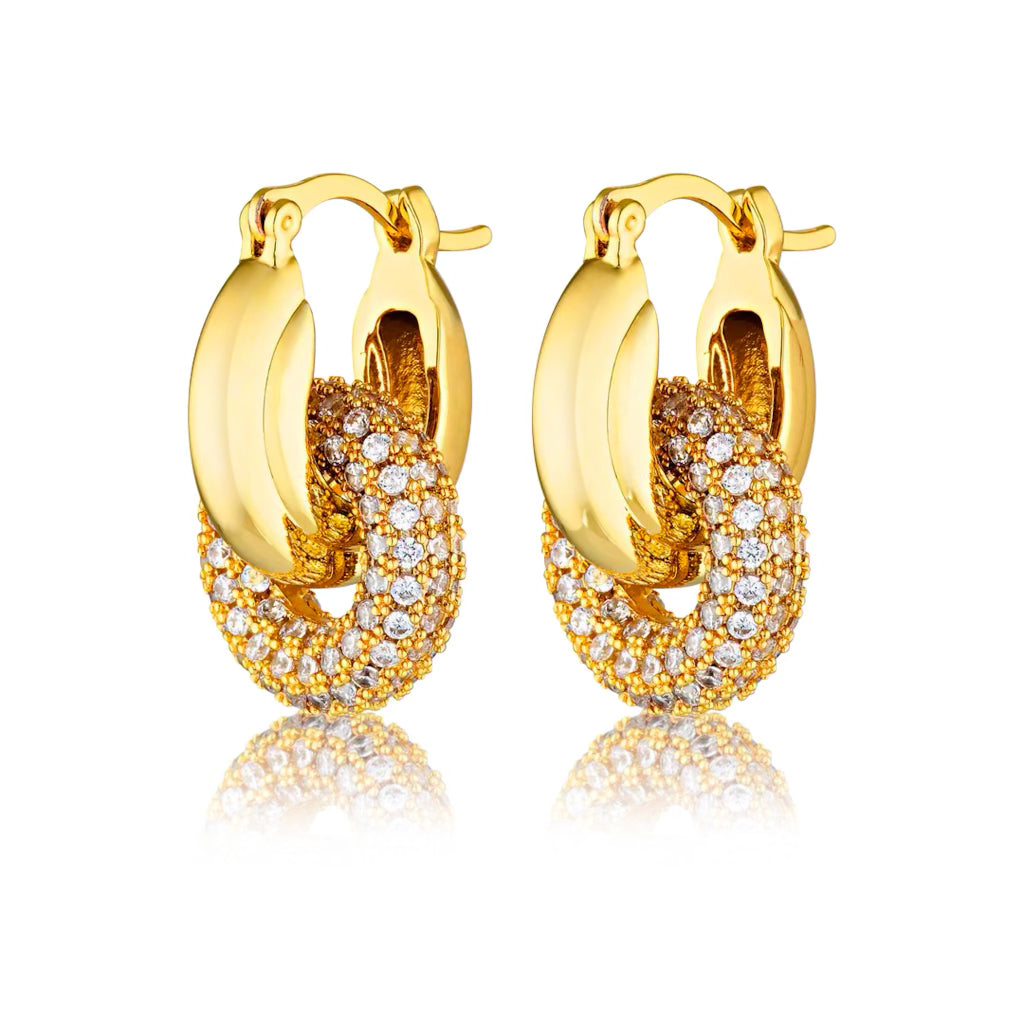 Trendy Double Hoop Earrings Gold, Pave Interlock Hoops, Double Hoops, Gold-Plated Earrings, Pave White Zircon Earrings