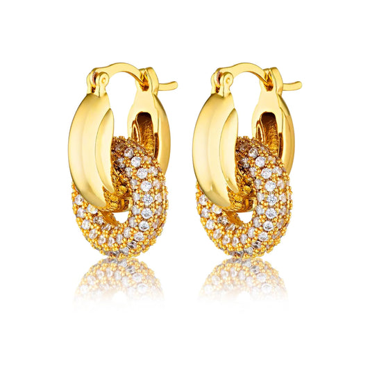 Trendy Double Hoop Earrings Gold, Pave Interlock Hoops, Double Hoops, Gold-Plated Earrings, Pave White Zircon Earrings