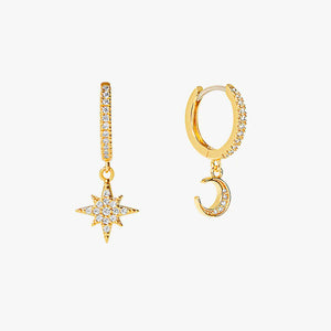 Pavé Moon & Star Charm Mismatch Hoop Earrings in 18K Gold Plated 925 Sterling Silver. Mismatched moon & star charms hoop earrings · 18k Gold plated 925 Sterling Silver 